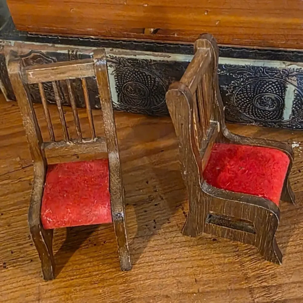 Set of 2 Vtg 1980's Dark Wood Red Seat Miniature 1:12 Scale Dining Room Chair